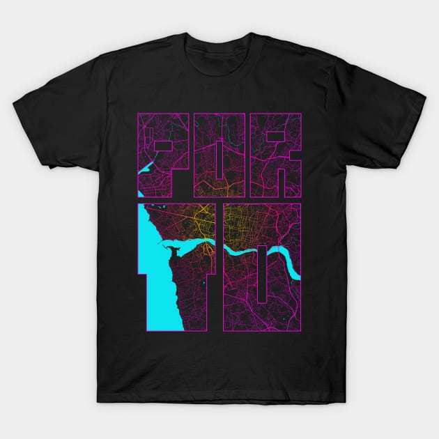 Porto, Portugal City Map Typography - Neon T-Shirt by deMAP Studio